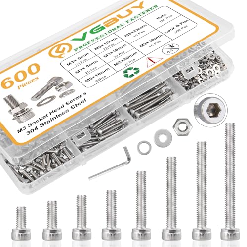 600 kpl M3 ruuvivalikoima, M3 ruuvit (8 kokoa 6-30 mm) 3D-tulostimelle DIY, kuusiokolo pääruuvit, pultit, mutterit ja aluslevyt, 304 ruostumatonta terästä, M3 x 6/8/10/12/16/20/25/30 mm  |   Ruuvit Kiinnittimet Ruuvit