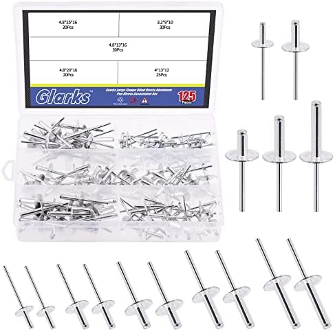 Glarks 125 kpl 5 kokoa suuret flange-alumiiniset sokkoniitit, pop-niittisarja metallilevyjen, putkien ja autojen liittämiseen.  |   Niitit Kiinnittimet Niitit